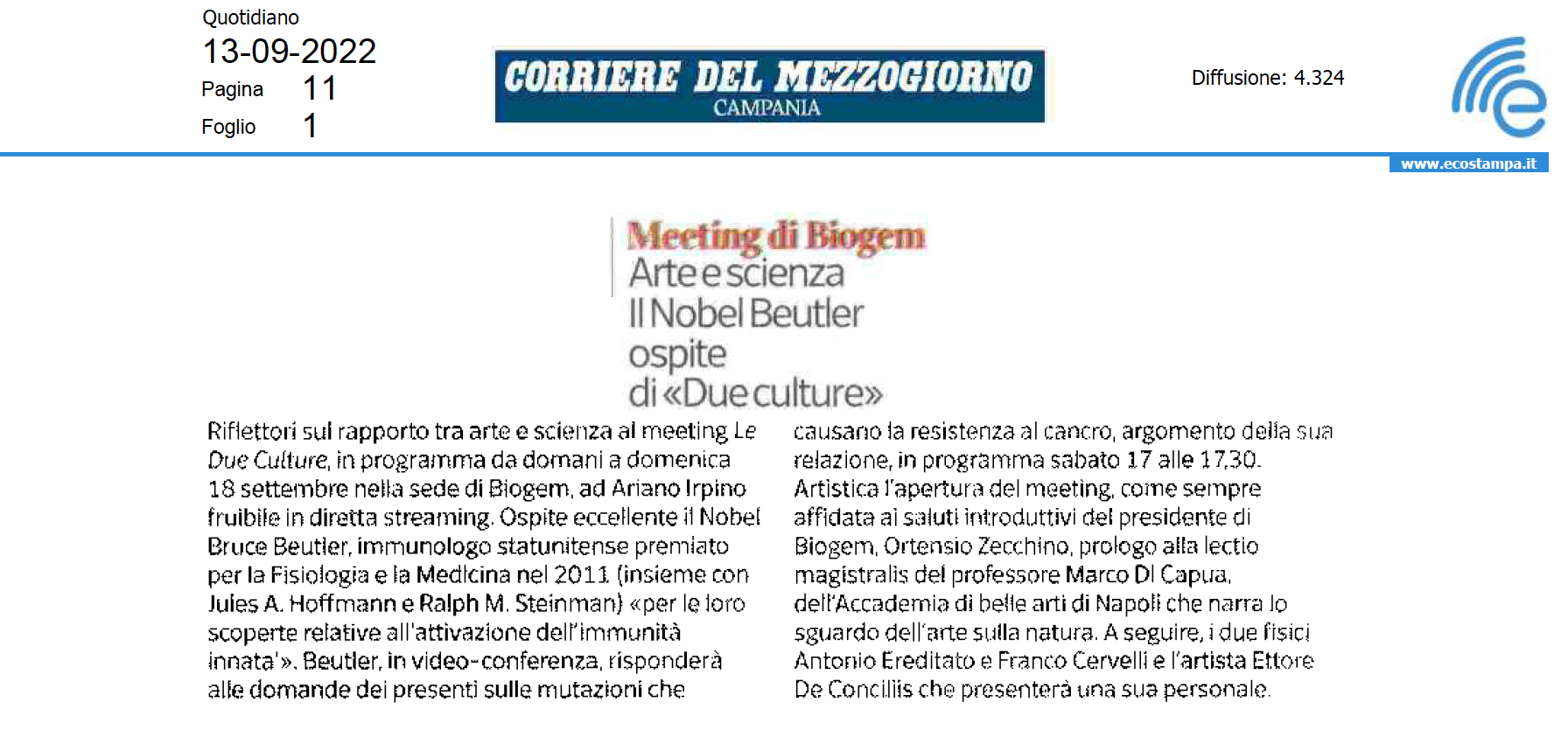 Arte e scienza  IL Nobel Beutler ospite di «Due culture»